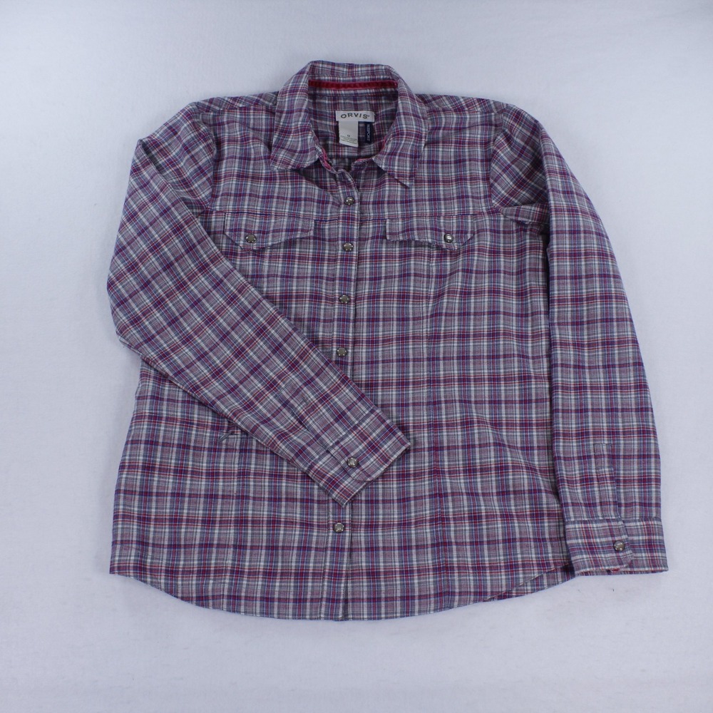 Orvis Passport Women's Plaid Button Up Shirt Size 12 Zipper Pocket Snap Button